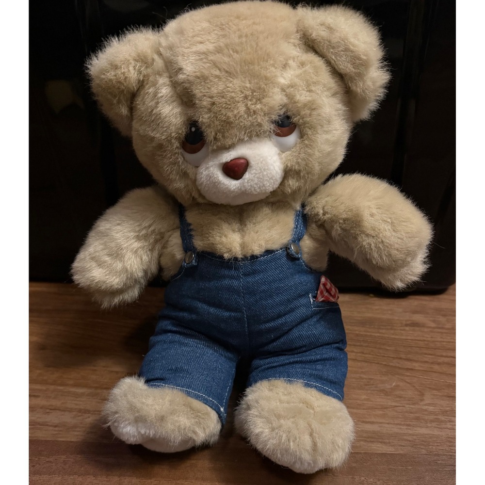 VTG 1985 24K Polar Puff Teddy Bear Special Effects Mighty Star Denim Overalls